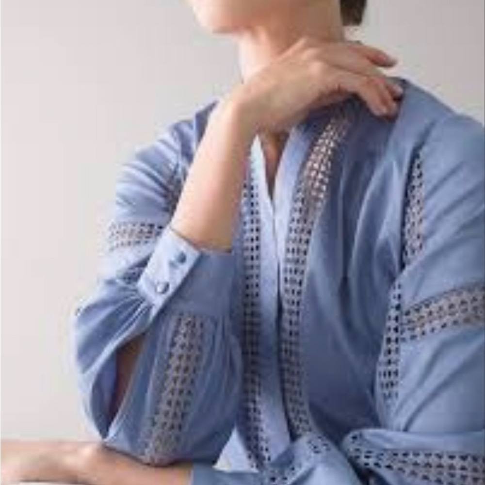 NEW WITH TAGS White House Black Market blue blouse with lace design. Size M